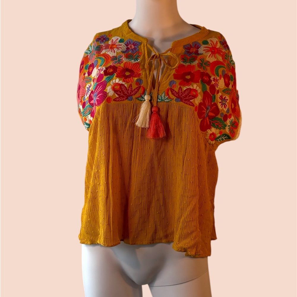 THML Gold with floral embroidery Tie Front Blouse Size medium